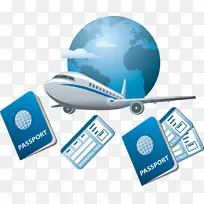 航空旅行飞行图标-护照和飞机地球