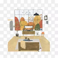 艺术家插画-一对看电视的卡通夫妇