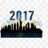纽约市天际线剪影水彩画-2017年烟花庆典