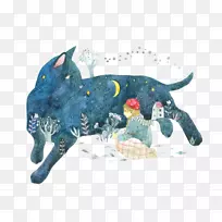 猫水彩画插图-狼