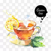 绿茶水彩画素描水彩画柠檬茶