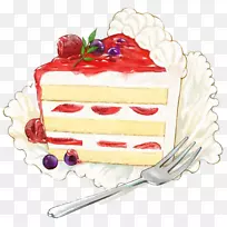 草莓奶油蛋糕纸杯蛋糕短蛋糕手绘美味的蛋糕叉料