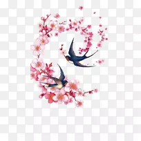 画插图.手绘桃子和燕子