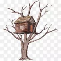 树水彩画插图-建筑木屋