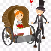 婚礼邀请新娘剪贴画-新郎和新娘骑着一辆人力车