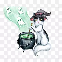猫水彩画胡须.手绘水彩可爱的猫女巫