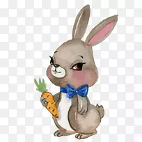复活节兔白兔水彩画-胡萝卜兔