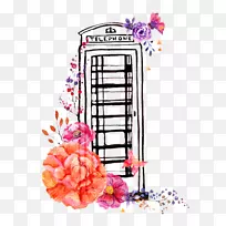 伦敦电话亭水彩画插图.手绘电话亭图案