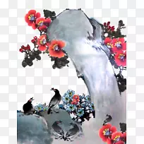 鸟类水墨画-花鸟水墨石