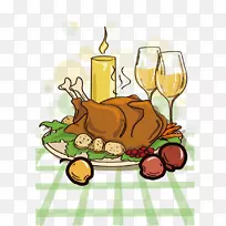 火鸡肉感恩节晚餐卡通-葡萄酒和鸡肉