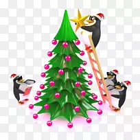 企鹅圣诞老人插图-卡通树上的企鹅