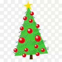 圣诞树点缀冷杉插图卡通绿色圣诞树装饰星红球