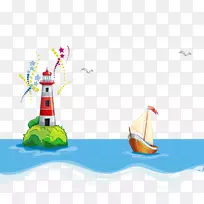 卡通海洋版税-免费插图-卡通航海塔彩绘船