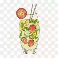 鸡尾酒绘画-免版画插图.手绘草莓柠檬饮料