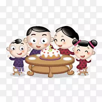 家庭生日卡通插画-吃蛋糕的家庭