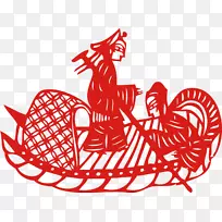 剪纸船-古人，淘宝创意，手绘，红色，划船