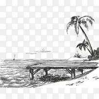 岸画沙滩素描-无棕榈海素描拉料