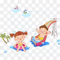 儿童水彩画卡通插图卡通儿童坐滑梯