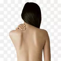 痤疮丘疹人背部瘢痕胶原诱导疗法？女性长直发，背部覆盖颈部和颈部近距离检查。