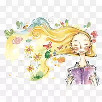 水彩画童年插画-插图轻松，女孩的头发正在吹拂