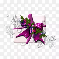 圣诞礼物紫花图案花-盒子在蝴蝶结上