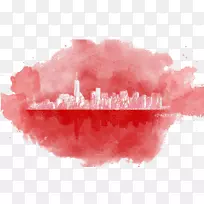 水彩画红色插图-彩色水墨城