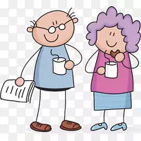 画卡通插图-一个简单的老人喝咖啡，老太太