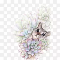 猫肉质植物水彩画彩色铅笔插图-可爱的猫