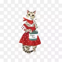 猫画插画-红色短裙猫