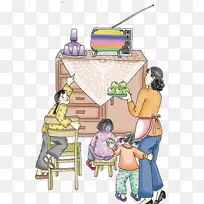 电视插画-80年家庭观看巴新电视