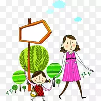 儿童插图-母亲和儿童走路