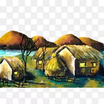 油画山水画-茅草屋油画