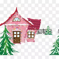 室内卡通冬季插图-墨水冬天的房子背景