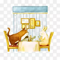 卡通下载插图-猫到兔子吃鱼
