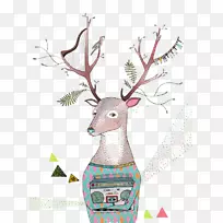 绘画艺术绘画插画.手绘花鸟鹿草头