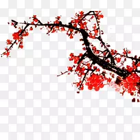 手扇水墨画山水丝梅花