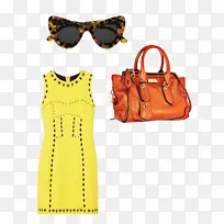时尚服装秋季礼服手提包-明亮的黄色夏季连衣裙与无花果。