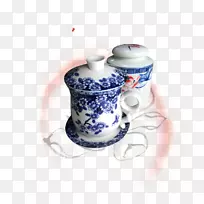 蓝白色陶器咖啡杯茶壶茶具