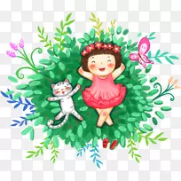 苗德米尔尔村西江画下载夹手绘女孩猫躺在树枝上