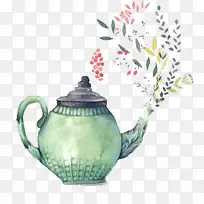茶壶水彩画新娘淋浴茶杯手绘水彩茶壶