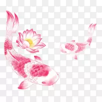 鲤鱼水彩画-手绘墨汁和鲤鱼莲花