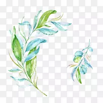 叶蓝绿手绘水彩柳条枝
