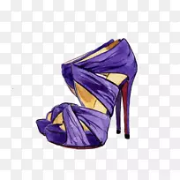 鞋高跟鞋画水彩画插图.蓝色和紫色高跟鞋