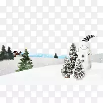 雪人冬季景观-松树和雪人