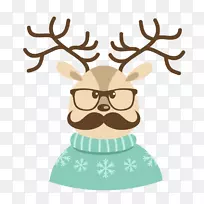 圣诞老人，驯鹿，圣诞贺卡的潮人-穿着一件蓝色毛衣雪麋鹿