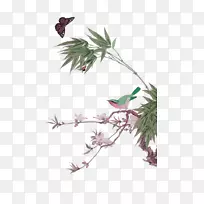 水墨画宫壁画-绿色清新竹鸟装饰图案