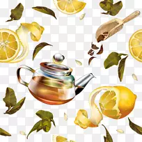 绿茶茶壶包装和标签.黄色简单茶壶柠檬