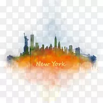 纽约市天际线水彩画城市景观-纽约市