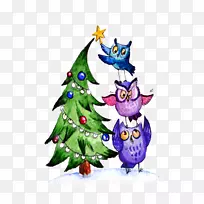 猫头鹰圣诞树鸟圣诞装饰水彩画猫头鹰