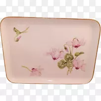 盘子矩形瓷餐具粉红m手绘花卉材料